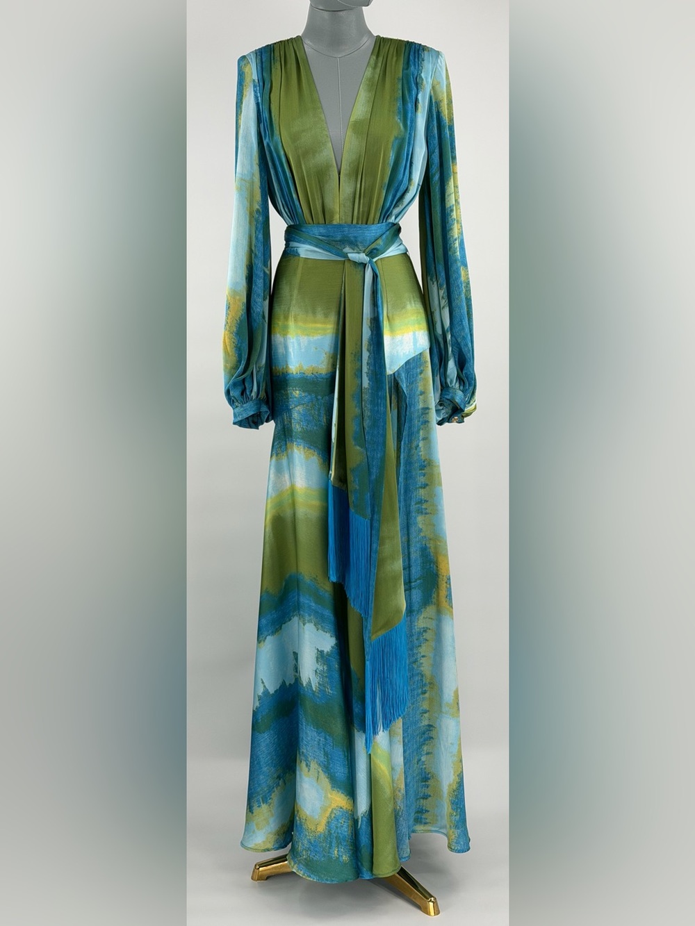 🆕 BRONX & BANCO 🧿 NWOT Coastal Carmen Belted Fringe Gown, Blue - Sz XS US 2 - Picture 12 of 16